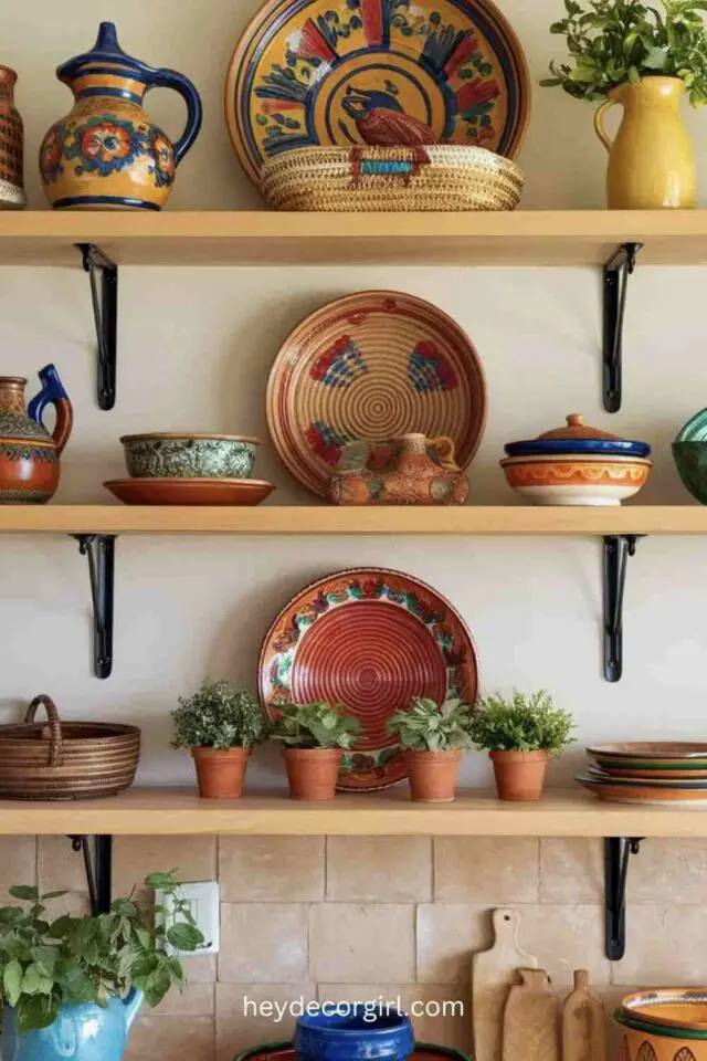 photo cuisine décoration mexicaine étagère en bois petit pot en terre cuite plante vaisselle colorée artisanale 