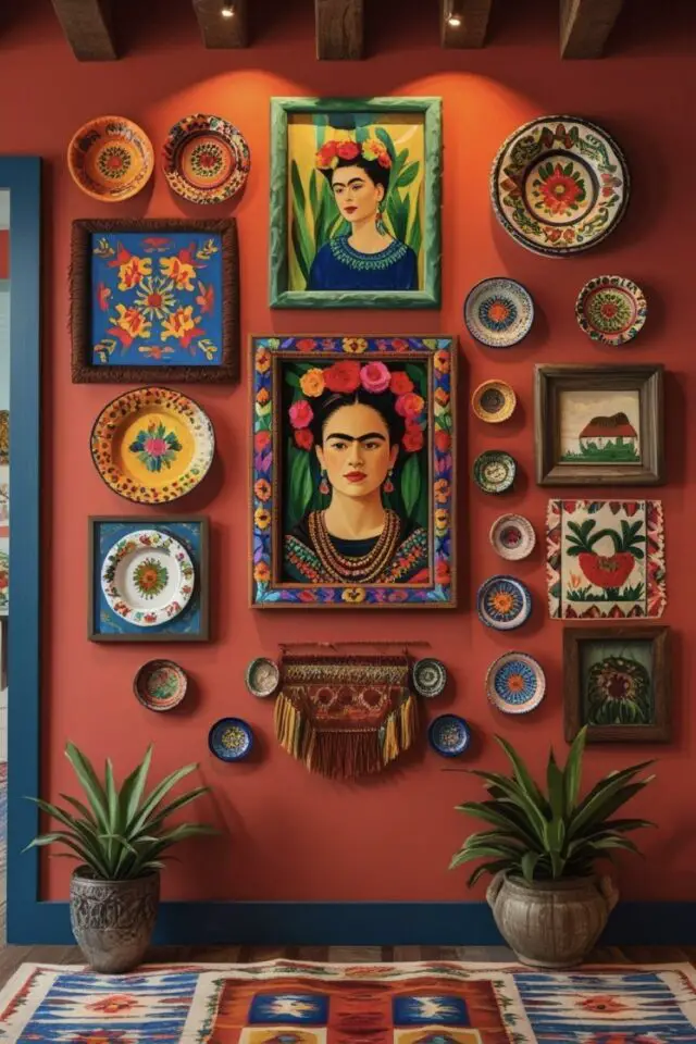 photo cuisine décoration mexicaine déco mural assiette portrait Frida Kahlo peinture terracotta encadrement porte bleu petite plante verte tapis motifs colorés ethniques 