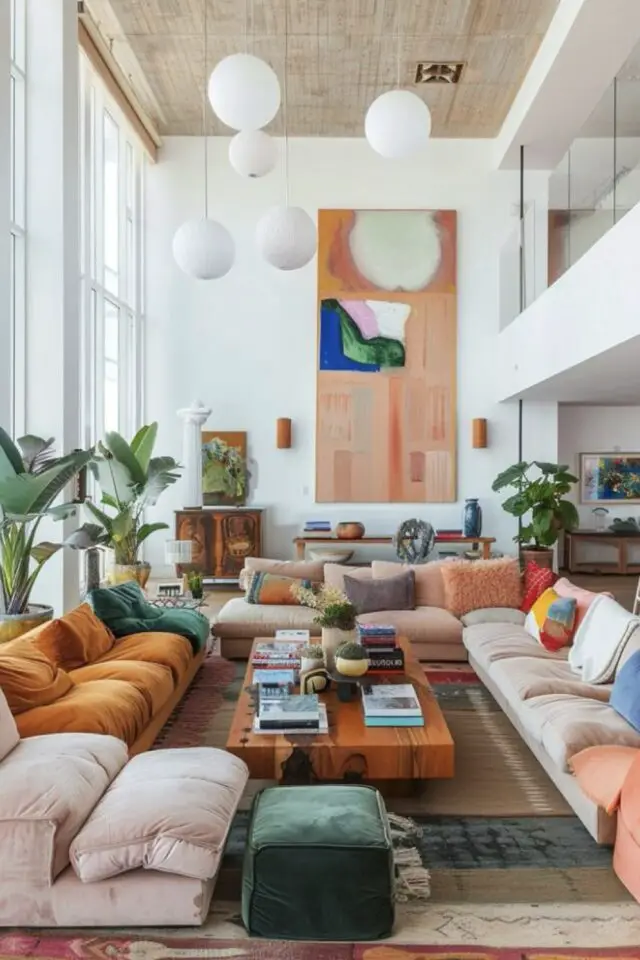 mix déco maximaliste et scandinave grand salon séjour accumulation de canapés cosy colorés orange rose beige tableau XXL au mur table basse en bois épuré mix déco maximaliste et scandinave grand salon séjour accumulation de canapés cosy colorés orange rose beige tableau XXL au mur table basse en bois épuré
