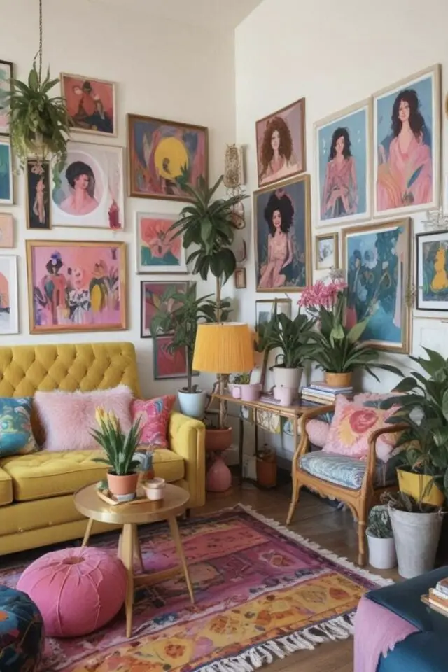 mix déco maximaliste et scandinave salon décoration murale galerie de tableaux colorés fil conducteur rose canapé jaune assorti au tapis et l'abat-jour de la lampe mix déco maximaliste et scandinave salon décoration murale galerie de tableaux colorés fil conducteur rose canapé jaune assorti au tapis et l'abat-jour de la lampe