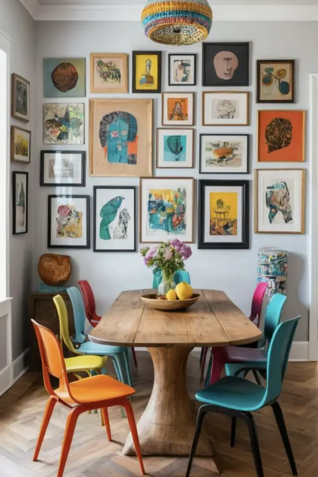 mix déco maximaliste et scandinave petite salle à manger table en bois parquet chevrons galerie murale éclectique chaises dépareillées colorées mix déco maximaliste et scandinave petite salle à manger table en bois parquet chevrons galerie murale éclectique chaises dépareillées colorées