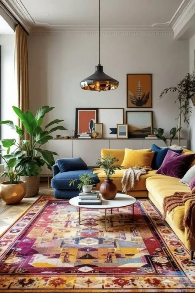 mix déco maximaliste et scandinave salon gris clair meuble de rangement épuré touche de couleur grand canapé d'angle jaune et bleu tapis XXL coloré plante verte mix déco maximaliste et scandinave salon gris clair meuble de rangement épuré touche de couleur grand canapé d'angle jaune et bleu tapis XXL coloré plante verte