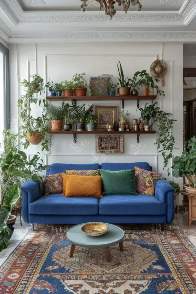 déco maximaliste et scandinave petit salon canapé bleu étagère avec plusieurs plantes vertes tapis chic déco maximaliste et scandinave petit salon canapé bleu étagère avec plusieurs plantes vertes tapis chic