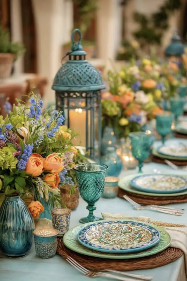 déco de table méditerranéenne chic et élégante mariage grandes occasions plusieurs nuances de bleu bouquer fleur orange lanterne et verres à pied colorés 