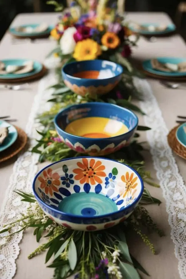 déco de table méditerranéenne bol et saladiers multicolore bleu jaune orange motif fleur vacances chemin de table dentelle et feuillage 