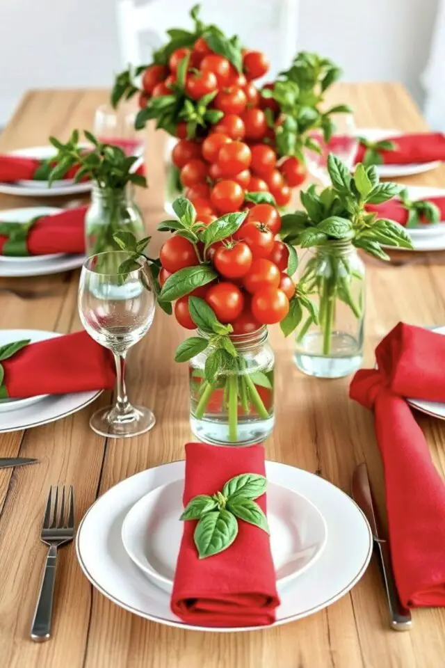 déco de table méditerranéenne facile à faire et originale rouge et verte tomate et basilic chemin de table gourmand serviette de table colorée assiette blanche table en bois sans nappe 