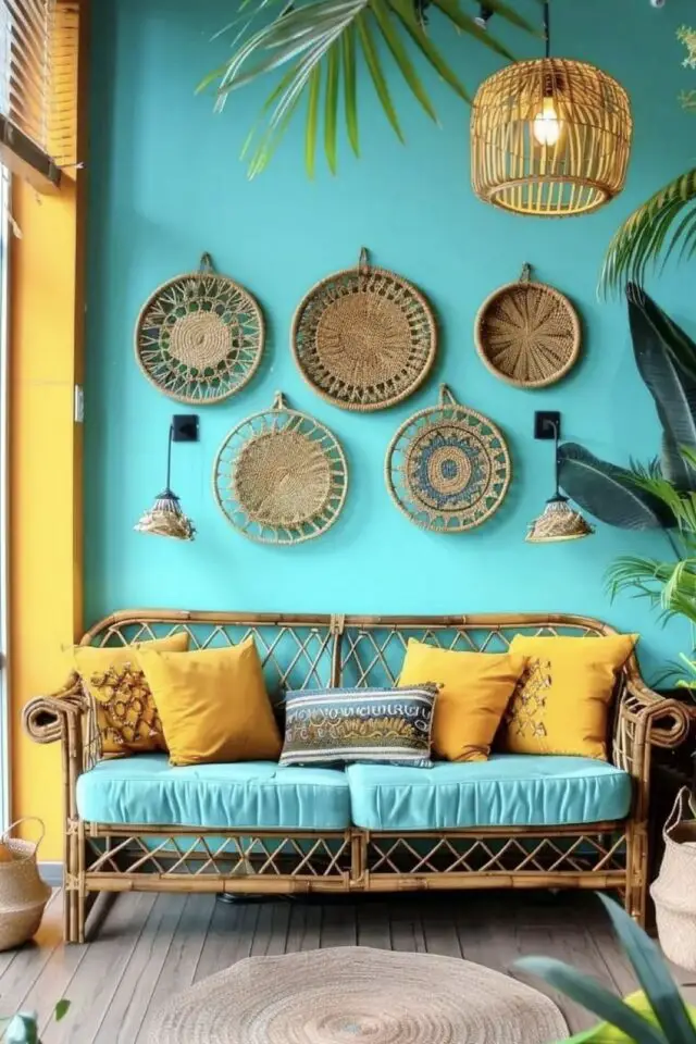 décoration intérieure bleu lagon véranda salon d'hiver bleu et jaune décoration bohème murale ambiance moderne et chaleureuse 