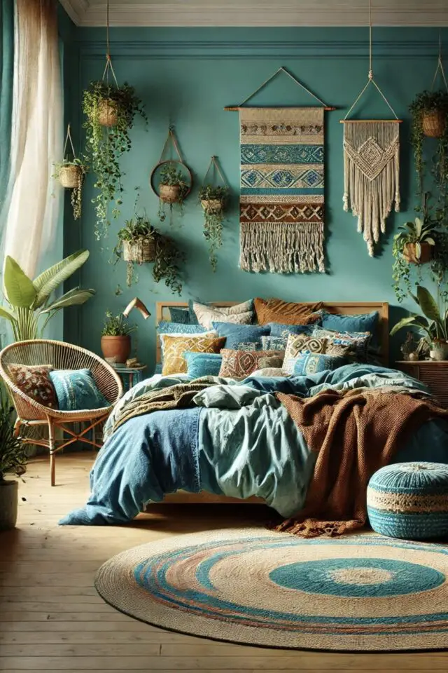 décoration intérieure bleu lagon chambre adulte bohème peinture murale macramé couleur chaude tonalité naturelle marron 