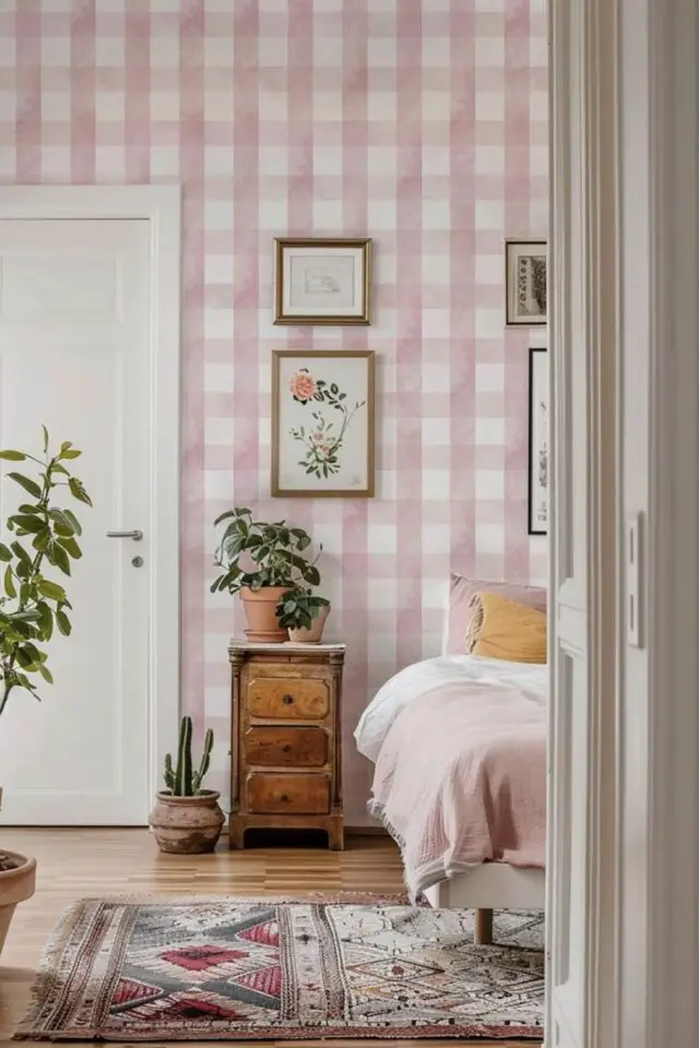 associer rose et blanc décoration intérieure chambre à coucher adulte papier peint à carreaux effet vichy plante verte table de chevet en bois ancienne porte blanche ambiance douce et tendre 