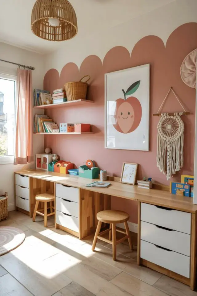 associer rose et blanc décoration intérieure chambre enfant salle de jeux espace bureau meuble en bous peinture originale nude mate pièce ludique 