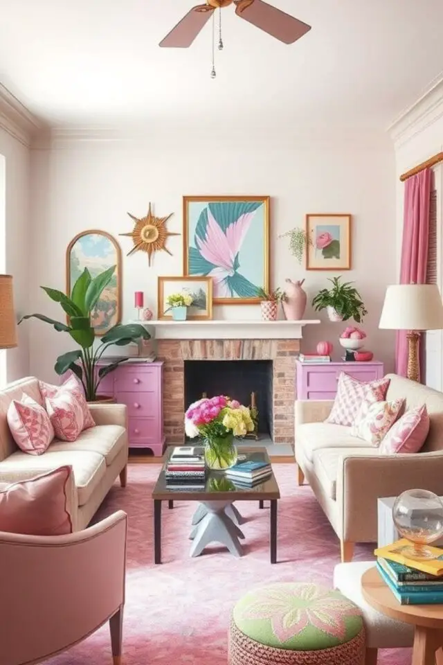 exemple déco rose et blanche salon simple petit espace deux canapés l'un en face de l'autre cheminée couleur textiles décoratifs tapis rideaux coussin petit meuble relookés rose franc 