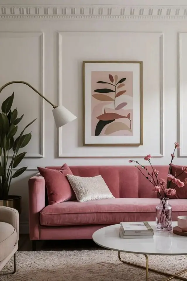 exemple déco rose et blanche salon séjour élégant moulure en ton sur ton mur contraste avec le canapé coloré en velours et affiche encadrée 