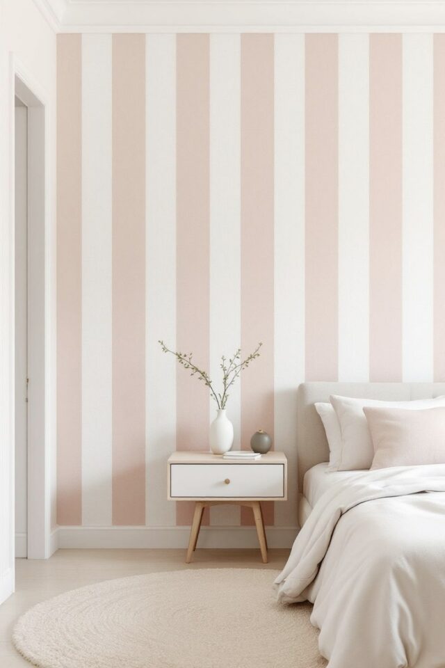 exemple déco rose et blanche papier peint à rayures pastel douceur calme et lumière chambre parentale moderne petite table de nuit en bois clair tapis rond beige descente de lit 