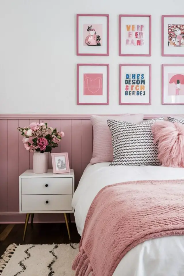 décoration intérieure association couleur rose et blanc chambre soubassement en lambris peint descente de lit style berbère galerie de cadres murale moderne affiche Walid coloré cosy et doux 