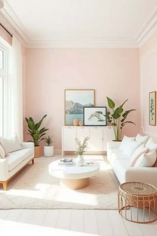 décoration intérieure association couleur rose et blanc petit salon moderne mur coloré pastel meuble neutre canapé buffet épuré table basse tapis et parquet blanc petite touche de bois 