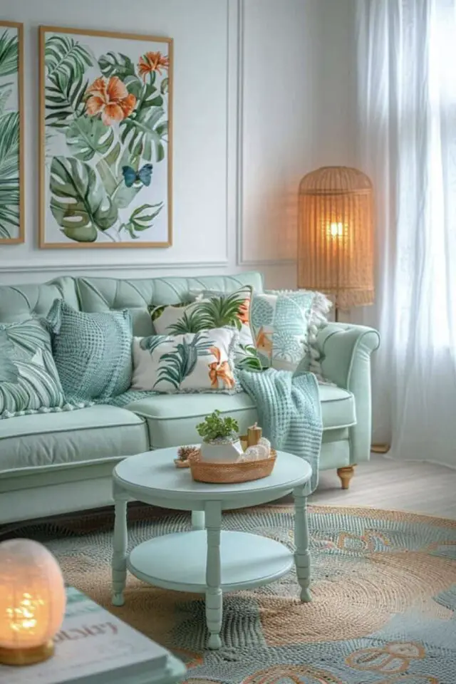 exemple déco bleu lagon salon tropical chic blanc canapé coloré affiche encadrée illustration feuille monstera toute petite touche orangé lampadaire en bambou