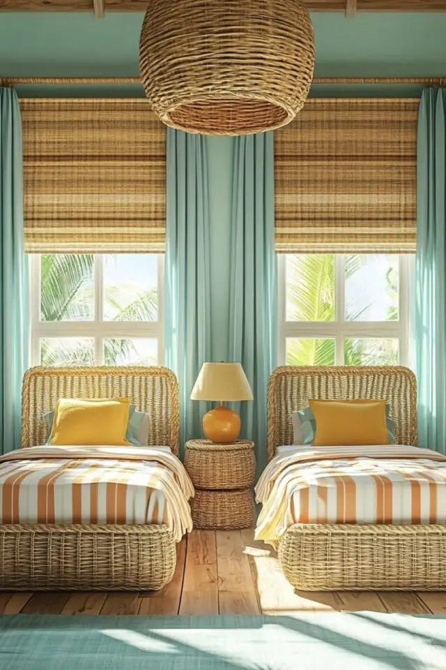 exemple déco bleu lagon chambre double esprit vacance rideau et tapis bleu linge de lit blanc et jaune à rayure store bambou 