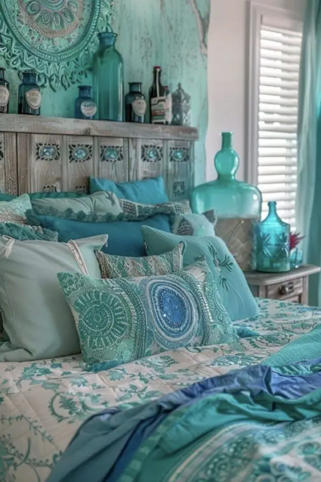 exemple déco bleu lagon chambre à coucher différentes nuances de bleu aqua turquoise marine tête de lit en bois botté vases en verre coloré coussins motifs 