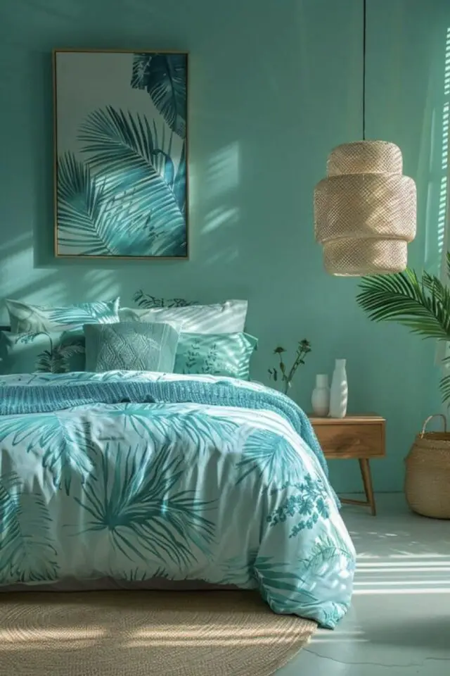 exemple déco bleu lagon chambre à coucher tropicale bleu vert turquoise suspension en bambou affiche illustration feuillage exotique encadré 