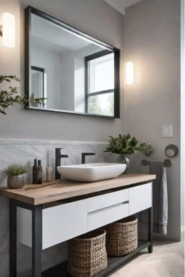home staging guide ultime salle de bain épurée plan vasque en bois miroir moderne éclairage petite plante verte 