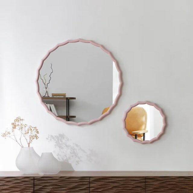 Miroir rond décoratif ondulé en bois rose H76