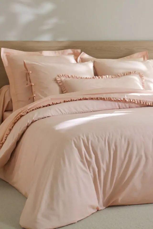 Linge de lit uni percale rose poudré 