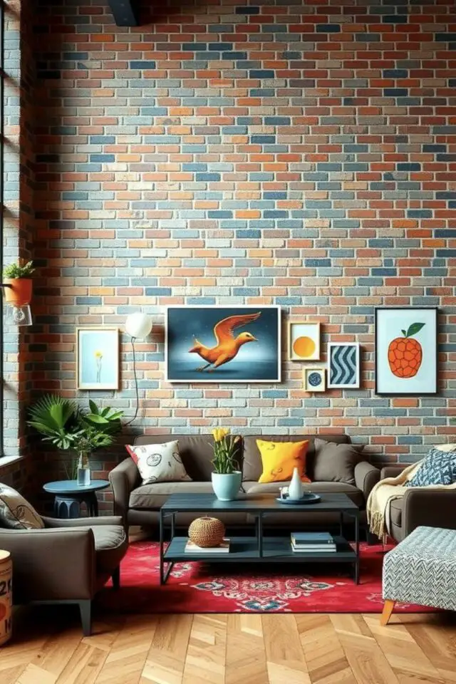 peindre un mur en brique idées petit salon mur accent plusieurs couleur manière aléatoire idée originale pour garder l'esprit industriel canapé marron table basse noire et bleue 