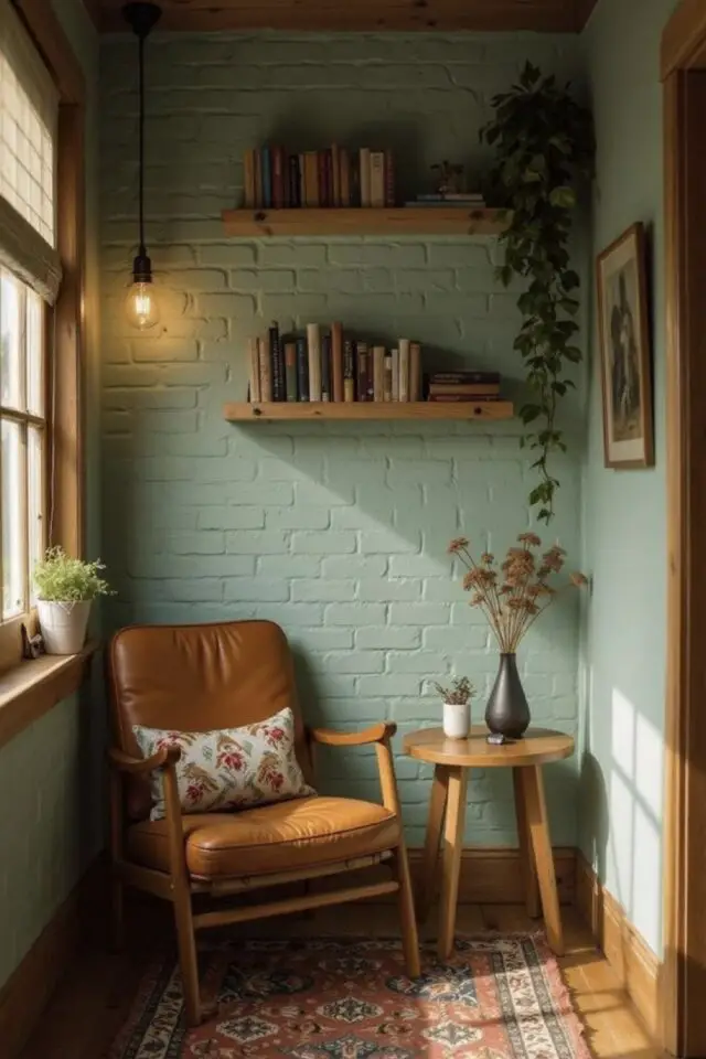 peinture mur en brique intérieur petit espace cosy et nature couleur vert sauge clair accessoire en bois étagère tabouret table d'appoint fauteuil en cuir plante verte suspension minimaliste 