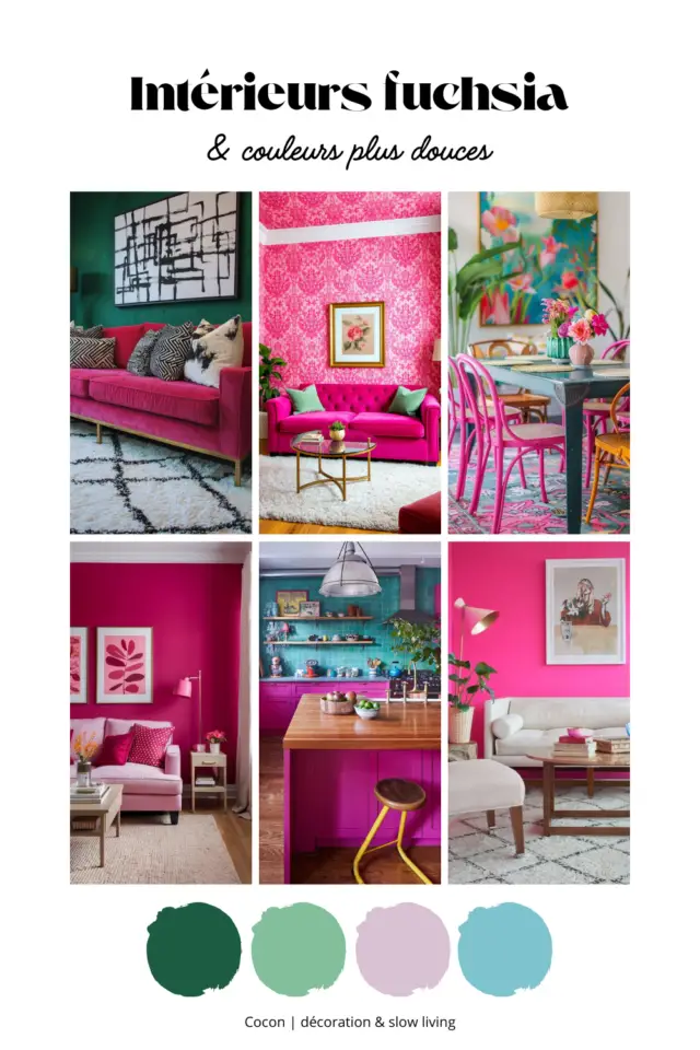 décoration intérieure audacieuse couleur fuchsia moodboard inspiration équilibre couleur rose clair vert bleu 