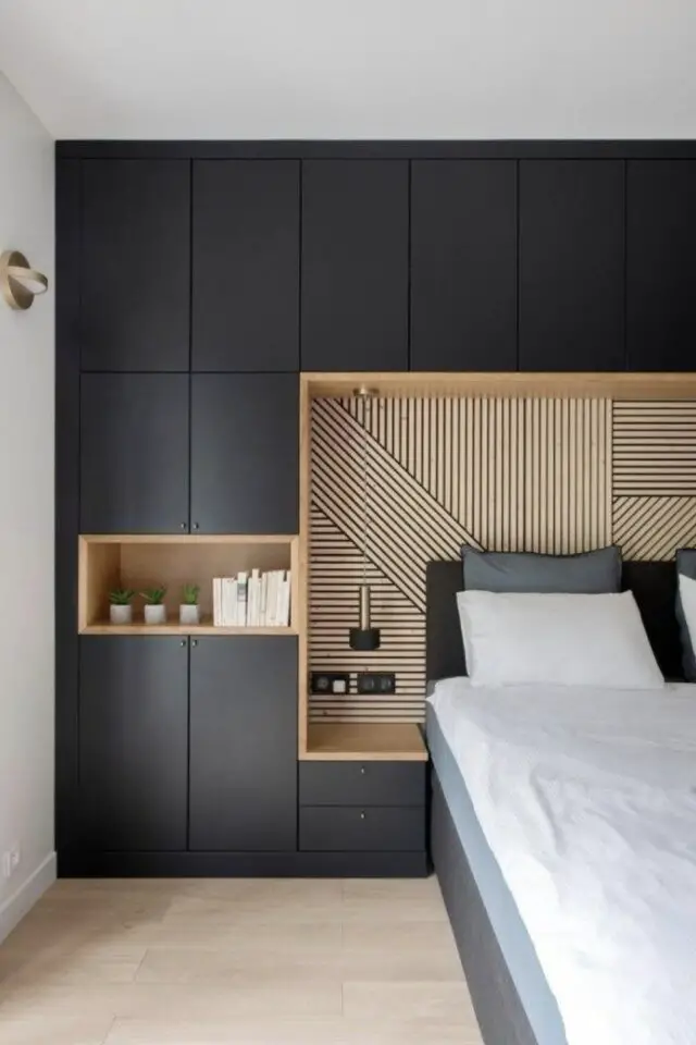 aménagement chambre adulte pont de lit sur mesure chic et élégant couleur sombre façade de meuble contraste coffrage et niche en bois 