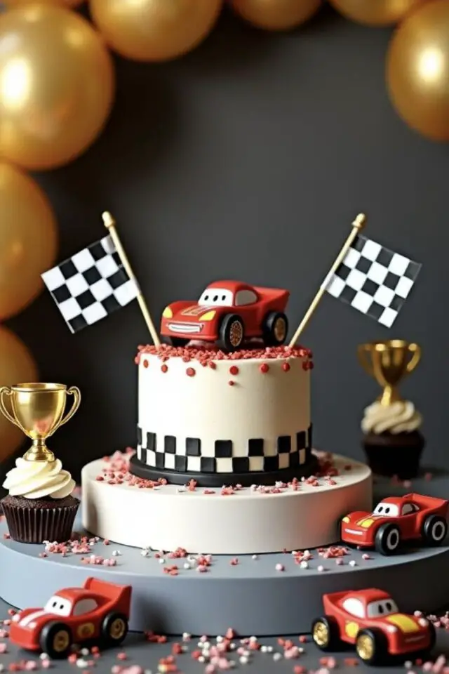 idée déco anniversaire enfant voiture gâteau thème Cars de Pixar dessin animé idée chic et élégante 