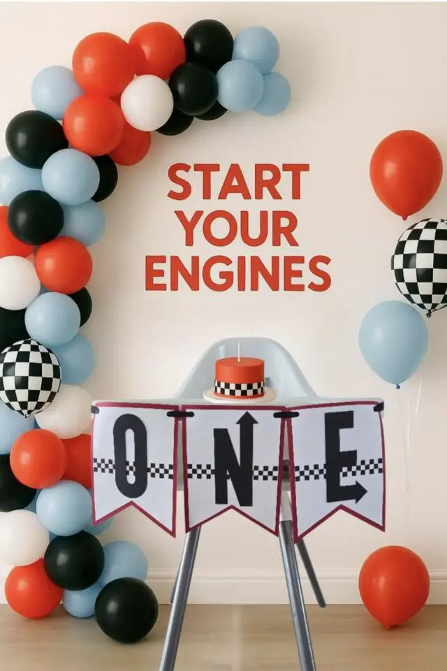 idée déco anniversaire enfant voiture petit garçon 2 ans chaise haute relookée arche de ballons bleu rouge blanc noir idée originale pour faire des photos 