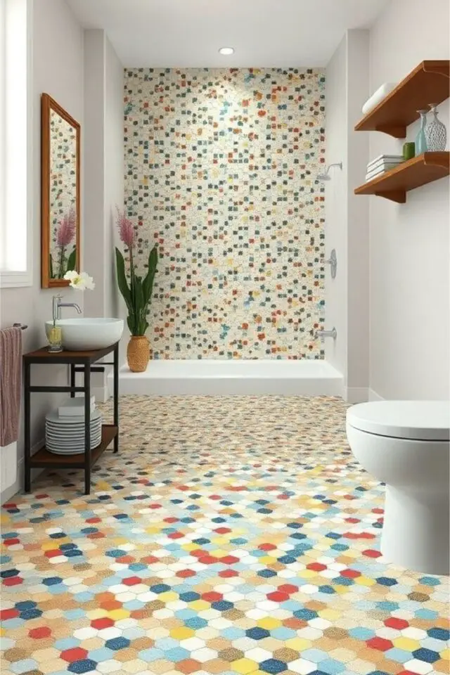 carrelage salle de bain tendance 2026 petite mosaïque multicolore revêtement sol est mur idée originale 