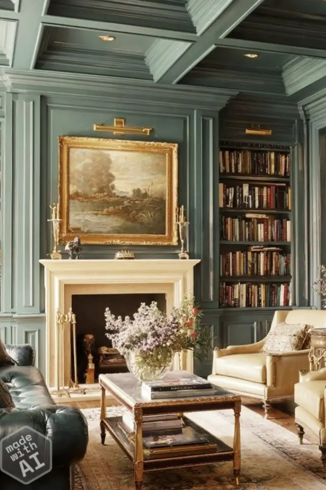 couleur tendance 2026 vert jade fumé chic et élégant salon séjour moulures 