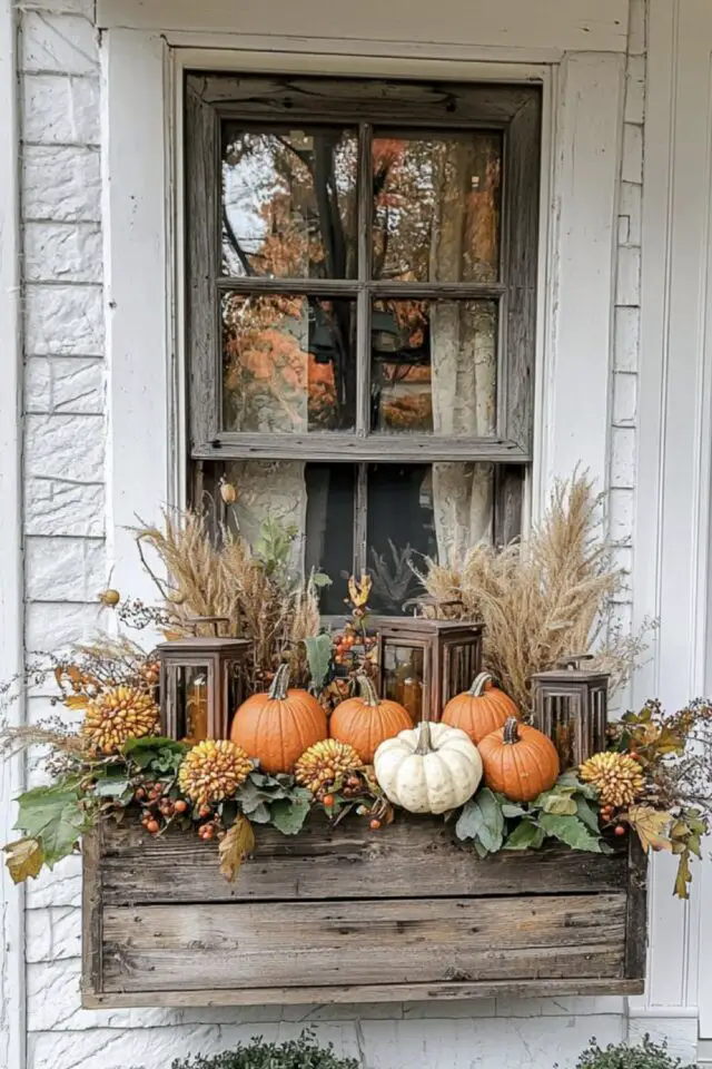 décoration d'automne fenêtre extérieur maison jardinière en bois suspendue citrouilles plantes lanterne idée rustique chic 