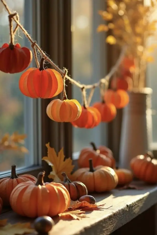 décoration d'automne fenêtre exemple DIY guirlande citrouille en papier cordelette en jute facile à faire soi-même orange 