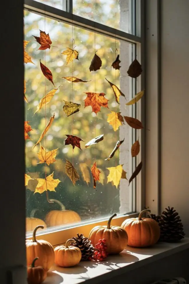 décoration d'automne fenêtre idée à copier guirlande naturelle feuilles d'arbre séchées fil de nylon bricolage facile pas cher 