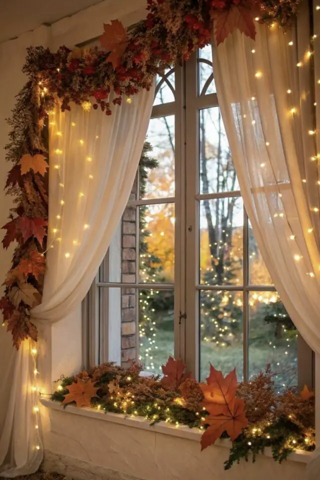 décoration d'automne fenêtre exemple guirlande lumineuse feuilles d'arbres séchées guirlande suspendue à la barre à rideaux 