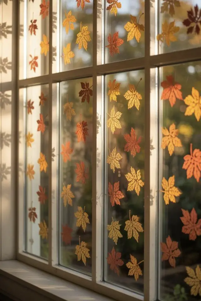 décoration d'automne fenêtre idée à copier pochoir dessin feuilles d'arbre peinte sur la vitre couleur jaune orange 