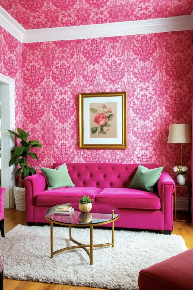 décoration intérieure audacieuse couleur fuchsia salon papier peint rise canapé coussin vert tapis beige moulure blanche 