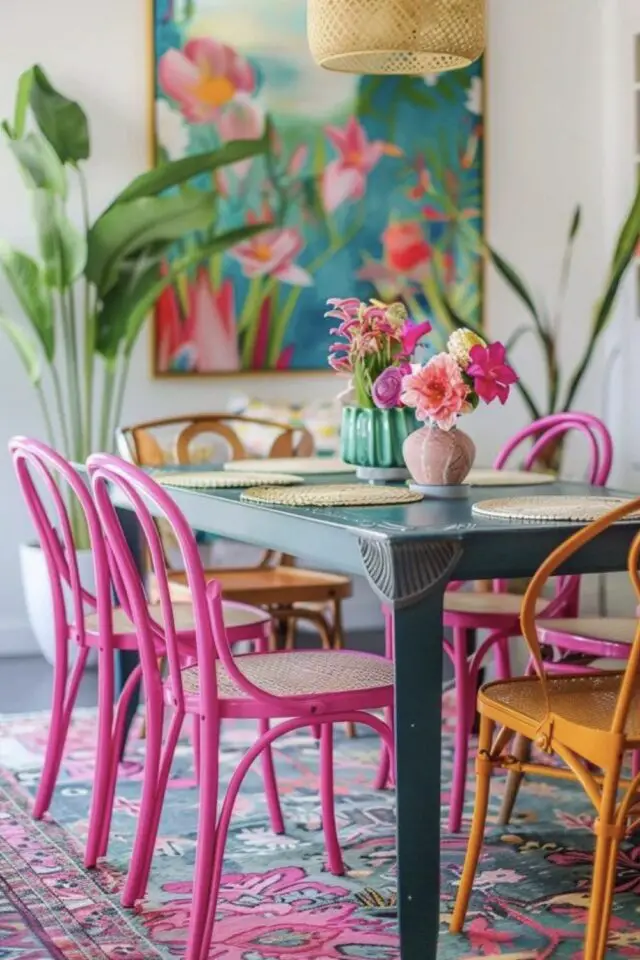 décoration intérieure audacieuse couleur fuchsia salle à manger blanche chaise relookée coloré plante verte tableau abstrait accroché au mur 