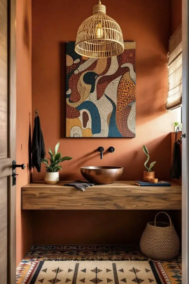 déco moderne couleur orange brûlée salle de bain petit espace chaleureux plan vasque en bois tableau abstrait multicolore espace chic et élégant suspension bambou tressé 