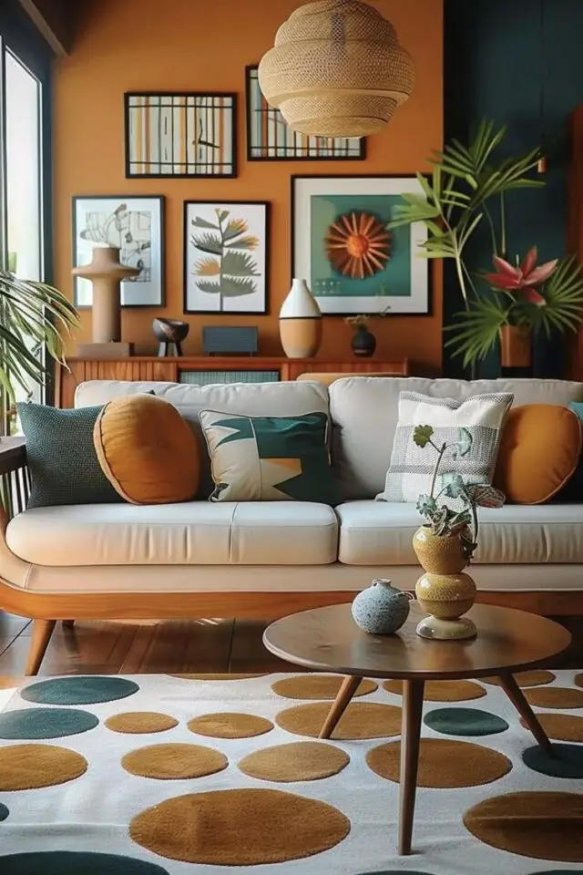 déco moderne couleur orange brûlée salon rétro mid century moderne peinture murale canapé écru tapis motif rond coloré vert jaune plantes vertes 