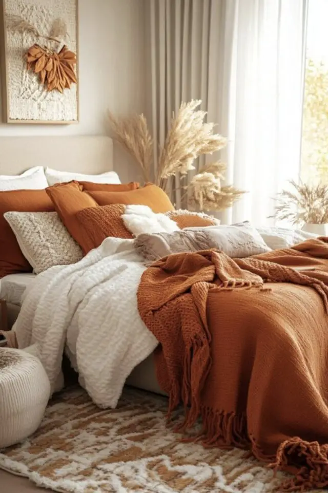 déco moderne couleur orange brûlée chambre adulte écru et beige linge de lit coloré simple et chaleureux 