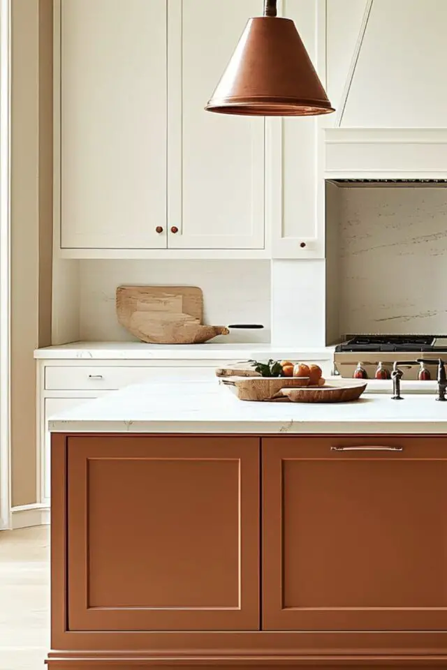 déco moderne couleur orange brûlée cuisine façade d'îlot central colorée ambiance chic et lumineuse 