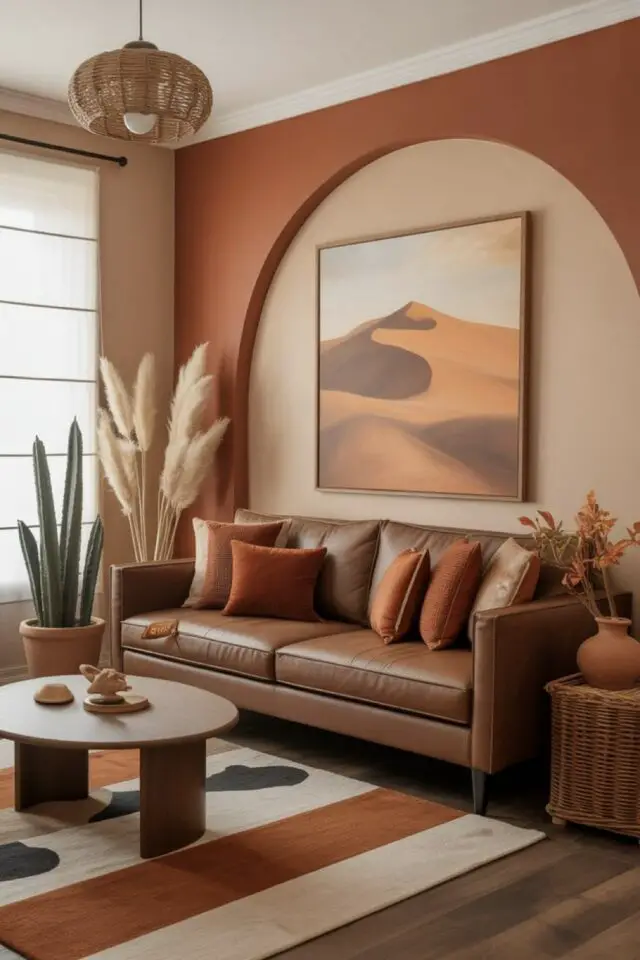 déco moderne couleur orange brûlée salon moderne canapé cuir arche mural relief deux couleurs beige rosé tapis rayé table basse en bois atmosphère chaleureuse 