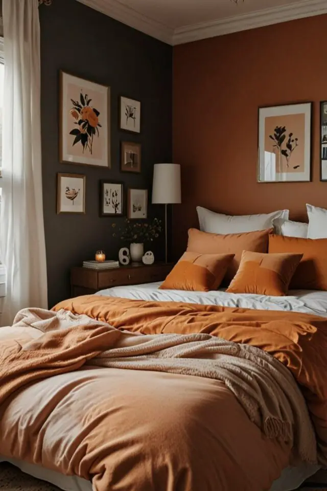 déco moderne couleur orange brûlée chambre adulte chaleureuse naturelle illustration florale encadrée housse de coussin en velours 