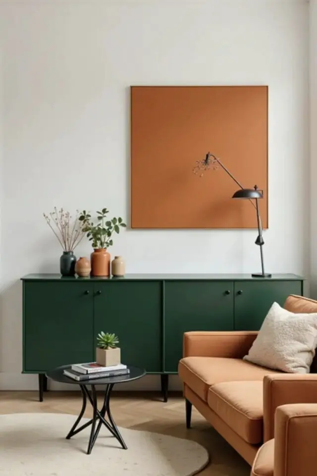 déco moderne couleur orange brûlée salon chic buffet vert canapé et tableau monochrome lampe noir ambiance minimale et chic 