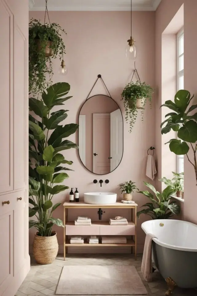 déco moderne vieux rose salle de bain peinture meuble vasque en bois baignoire îlot blanche et bleu plantes vertes déco moderne vieux rose salle de bain peinture meuble vasque en bois baignoire îlot blanche et bleu plantes vertes