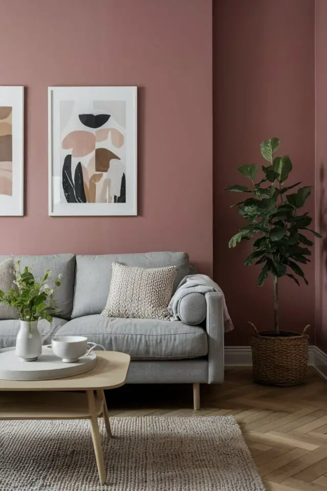 déco moderne vieux rose salon séjour peinture unie canapé gros clair table basse en bois tapis en jute beige affiches encadrées modernes plante verte déco moderne vieux rose salon séjour peinture unie canapé gros clair table basse en bois tapis en jute beige affiches encadrées modernes plante verte